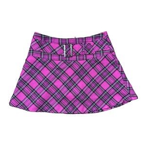 Y2K Pink Plaid Mini Skirt Joey B Belted Brat Size 14 Juniors Rock Grunge Preppy